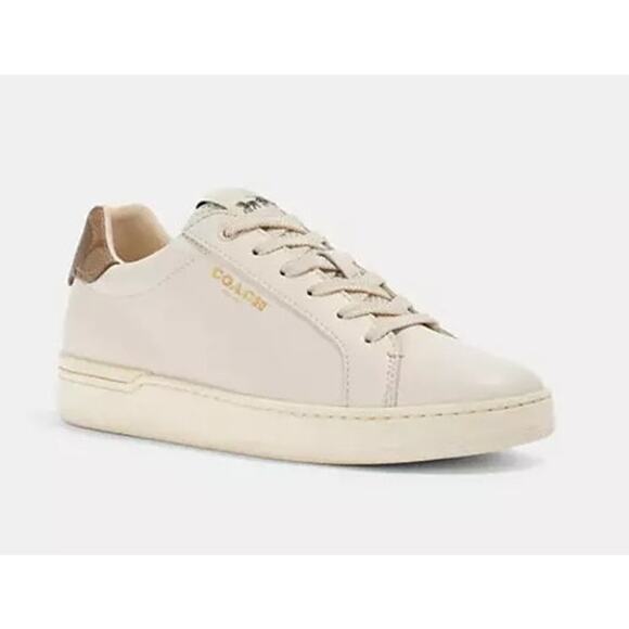Coach Shoes - Coach Cream White Leather Low Top Sneakers with Tan Heel